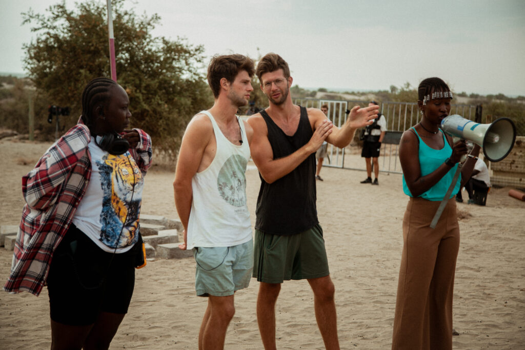 Vallentine Chelluget, Toby Schmutzler, Kevin Schmutzler, Apuu Mourine on Nawi set